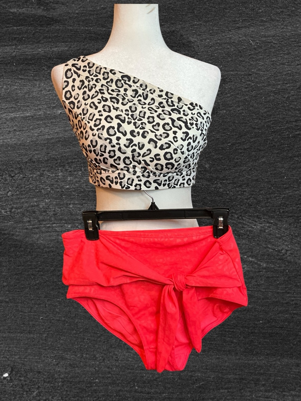 KIAVA One-Shoulder Leopard Print Top and High-Waist Tie Bikini Bottoms, size M